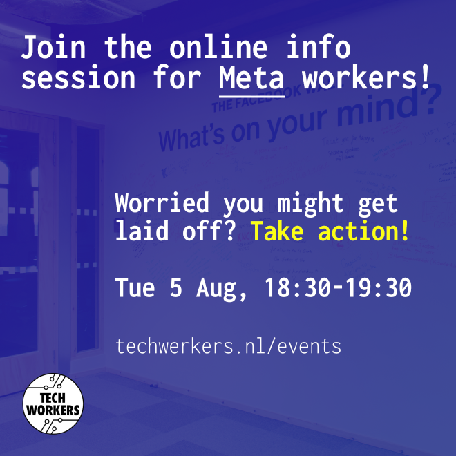 Een flyer voor de Meta massa-ontslag infosessie